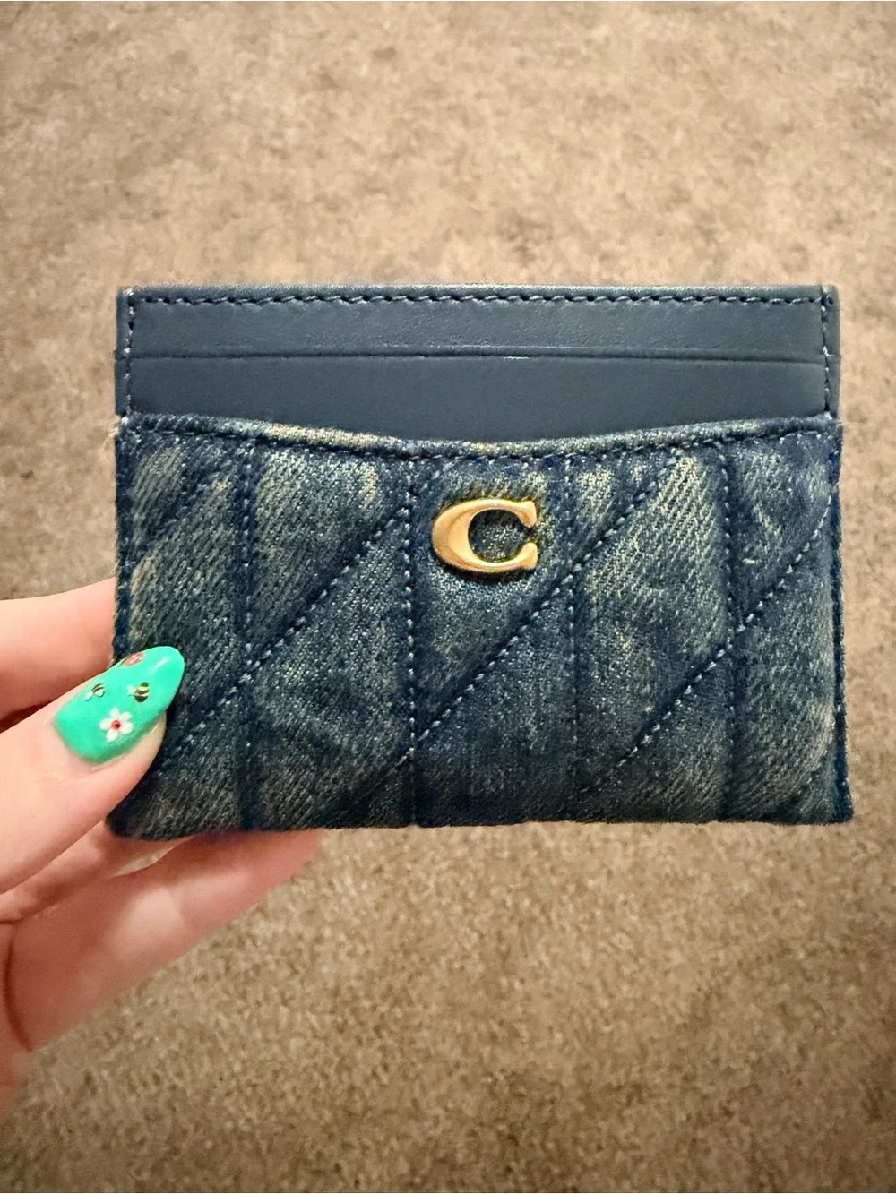 Coach Quilted Denim Card Holder with Gold 'C' - Blue